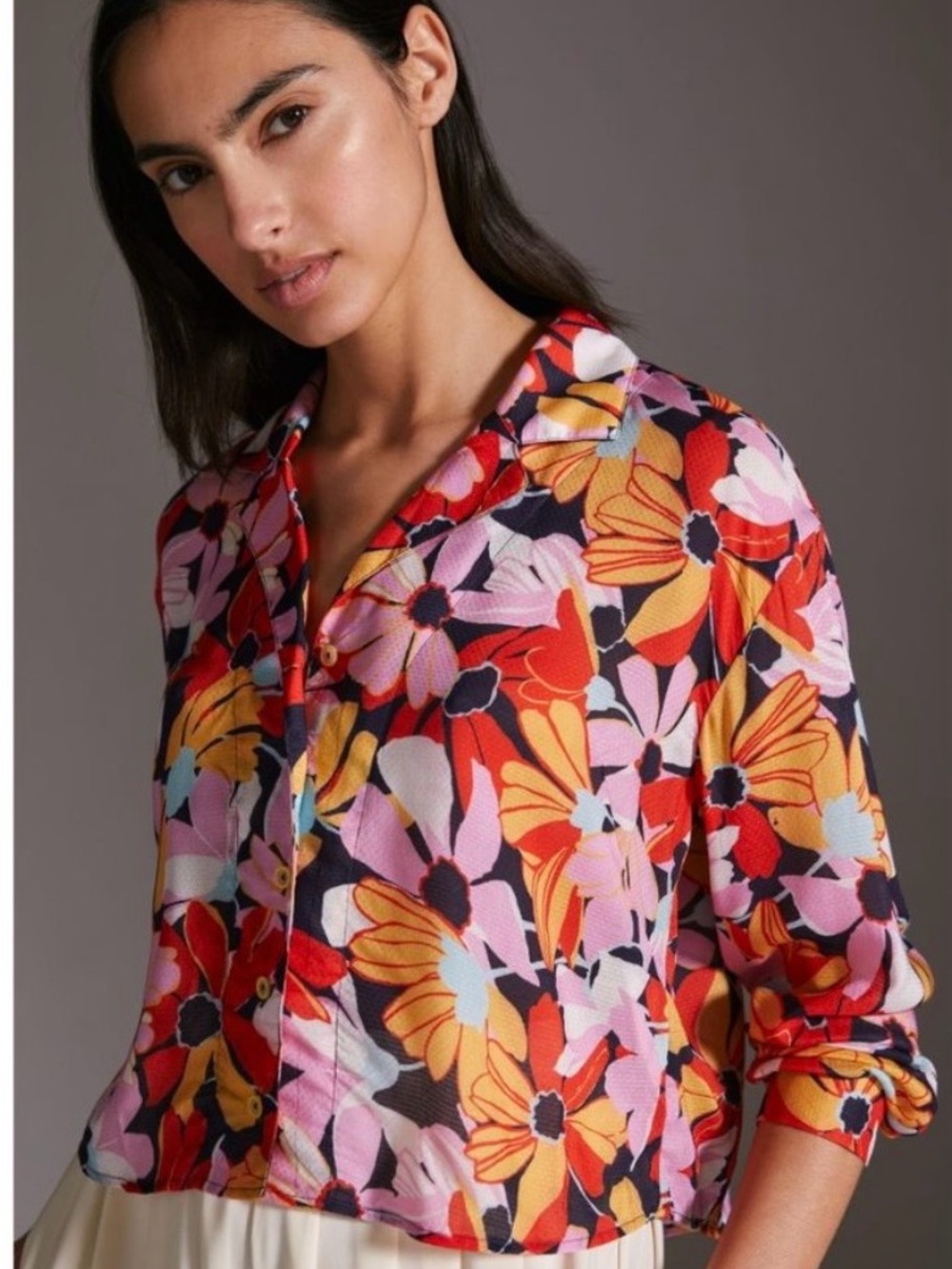 Anthropologie Maeve Floral Cropped Button-Down Shirt - Picture 2 of 14